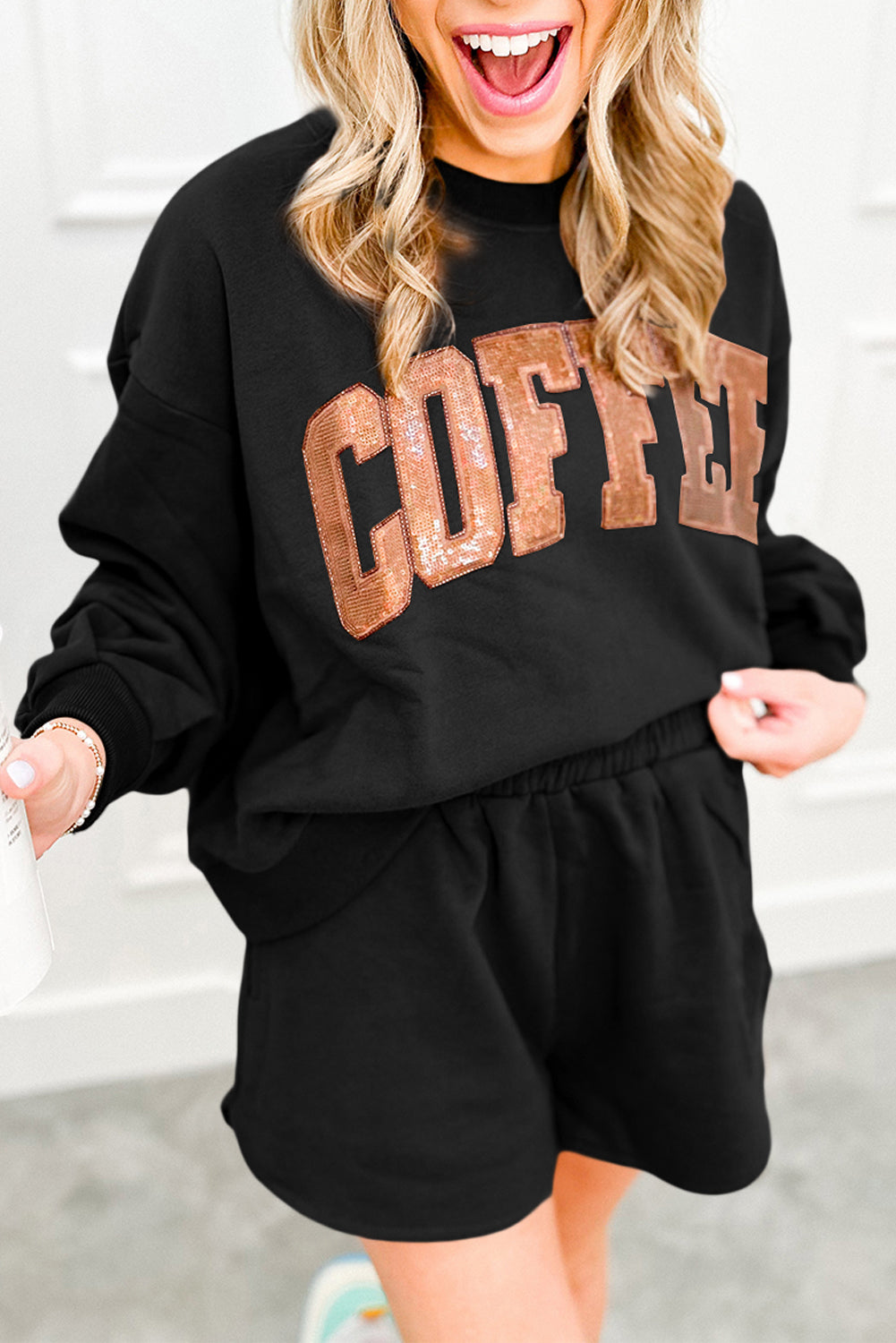 Black Sequins COFFEE Loose Fit Sweatshirt and Shorts Set