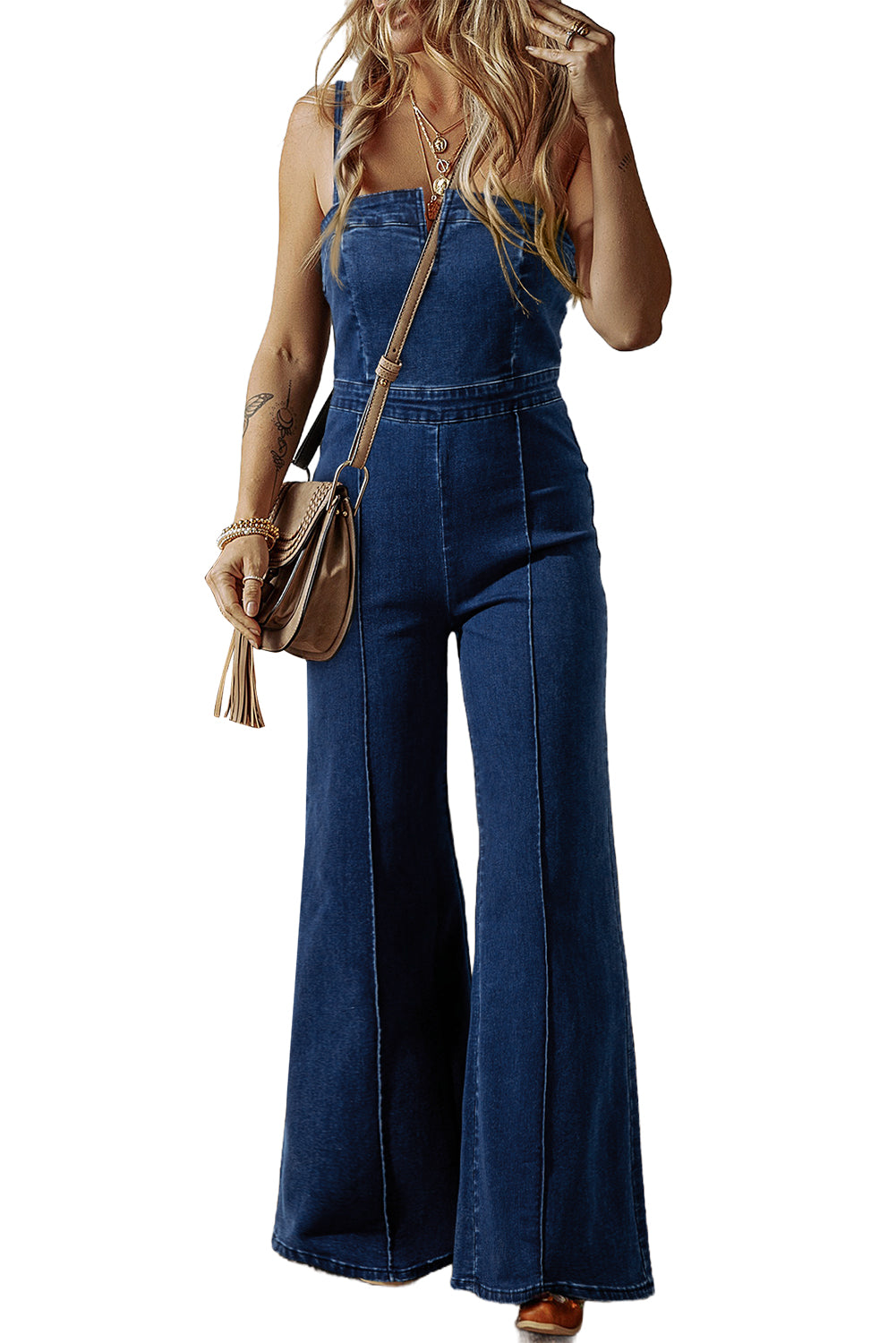 Sail Blue Seamed Zipper Spaghetti Strap High Waist Flared Jumpsuit