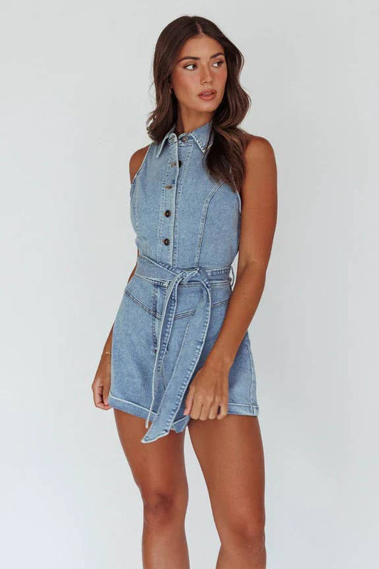 COLLARED WASH DENIM ROMPER
