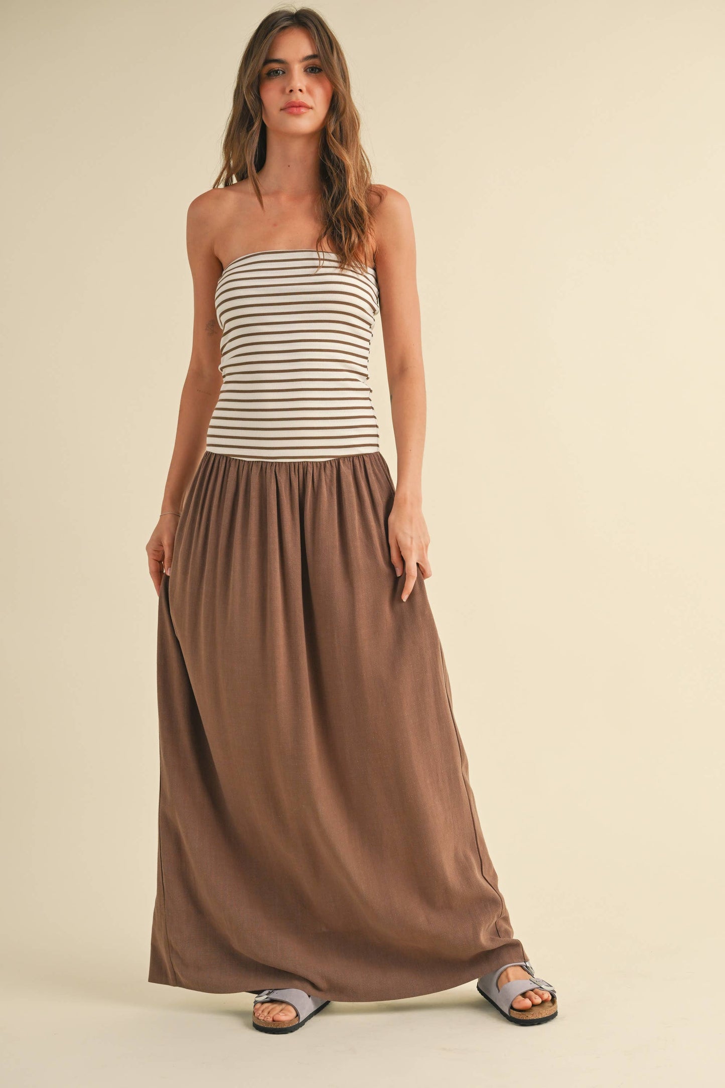 STRIPE RIBBED TOP WITH LINEN DRESS