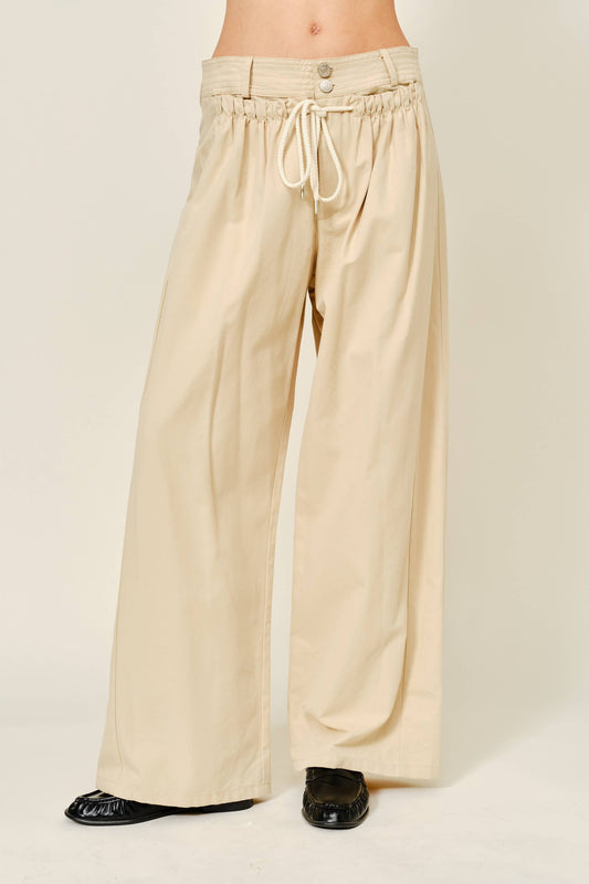 FRONT SHIRRING DETAIL DRAWSTRING STRAIGHT PANTS