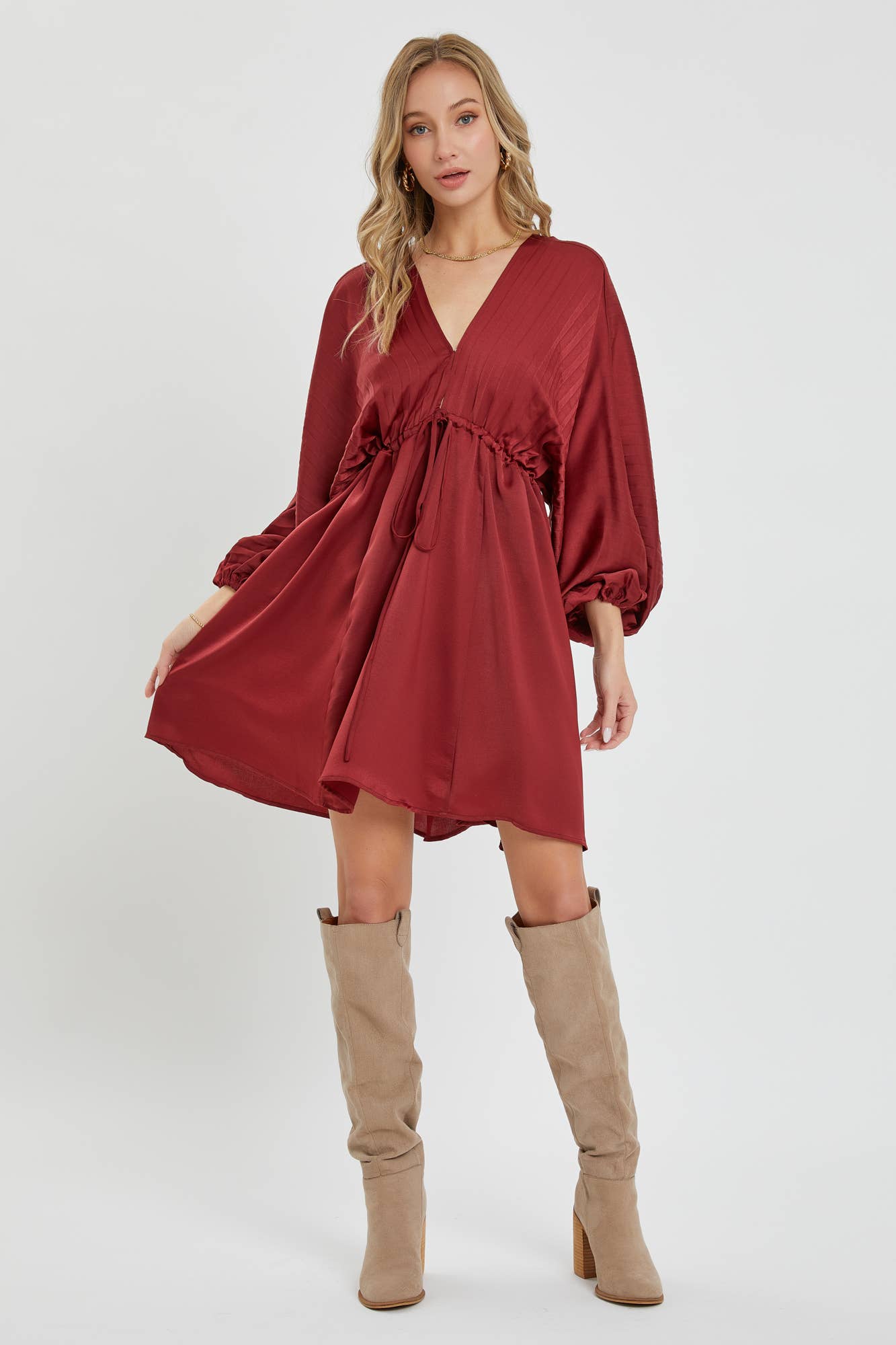 SATIN V NECK PLEATED DRESS