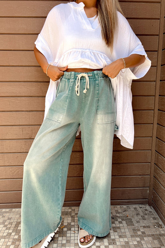 Smoke Green Mineral Wash Drawstring Wide Leg Jeans