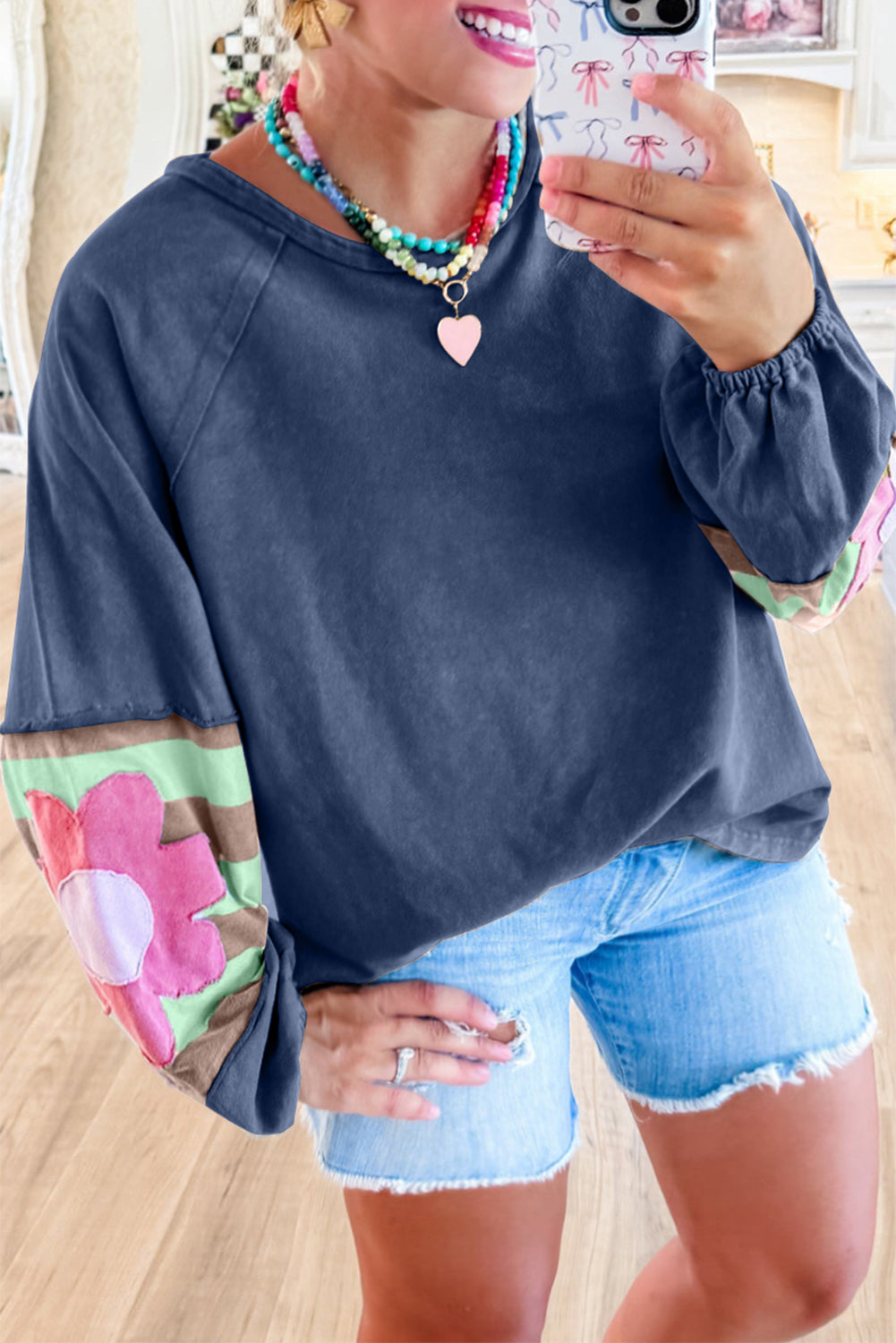 Smoke Green Flower Patchwork Exposed Seam Raglan Sleeve Top