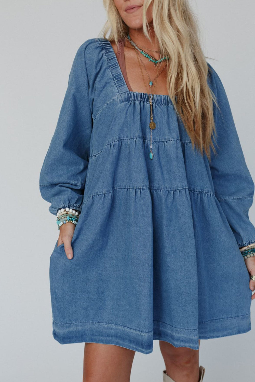 Dusk Blue Side Pockets Loose Fit Denim Mini Dress