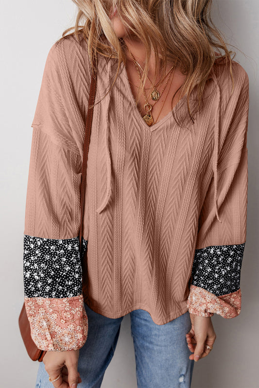 Dusty Pink Floral Patchwork Textured Drawstring V Neck Top