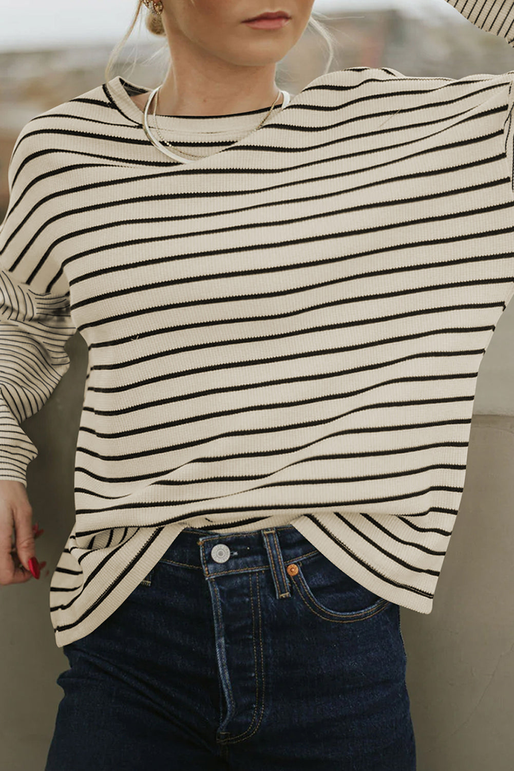 Black Patchwork Striped Loose Long Sleeve Tee