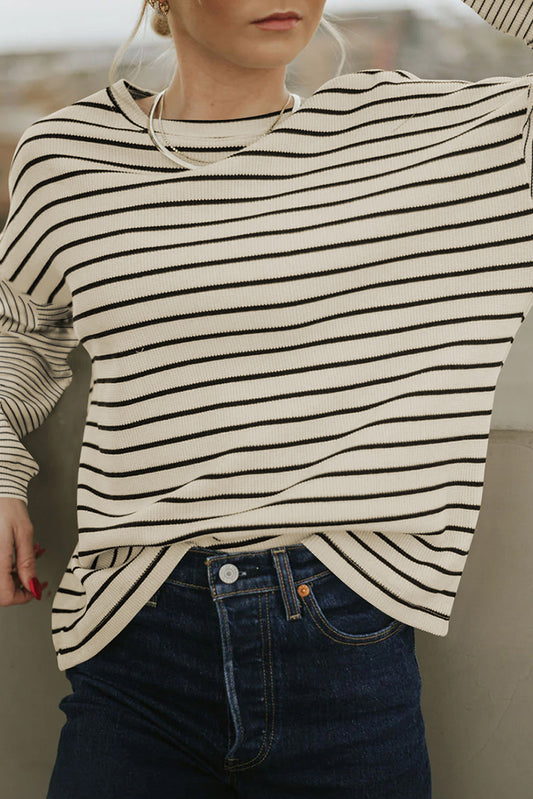 Black Patchwork Striped Loose Long Sleeve Tee