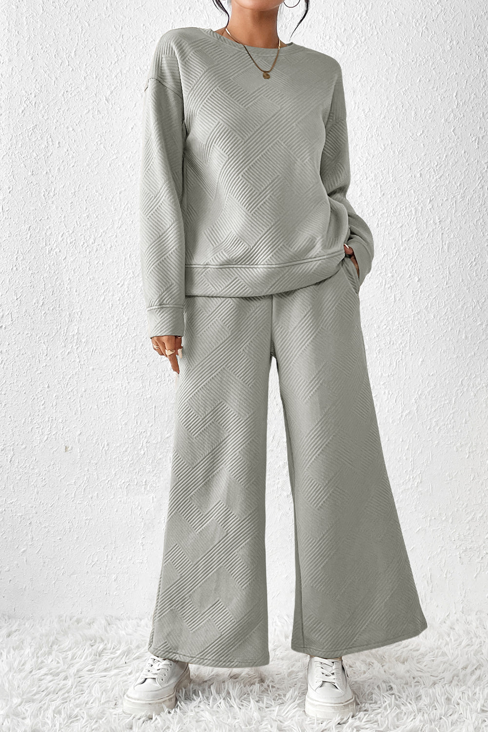 Dark Khaki Textured Loose Slouchy Long Sleeve Top and Pants Set