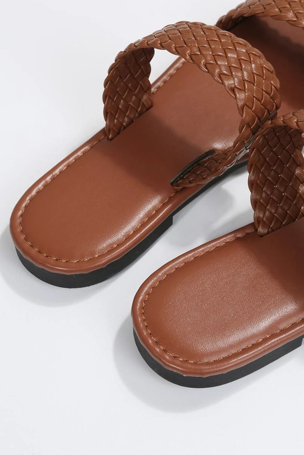 Chestnut Braided Double Band Leather Flat Slides Shoes