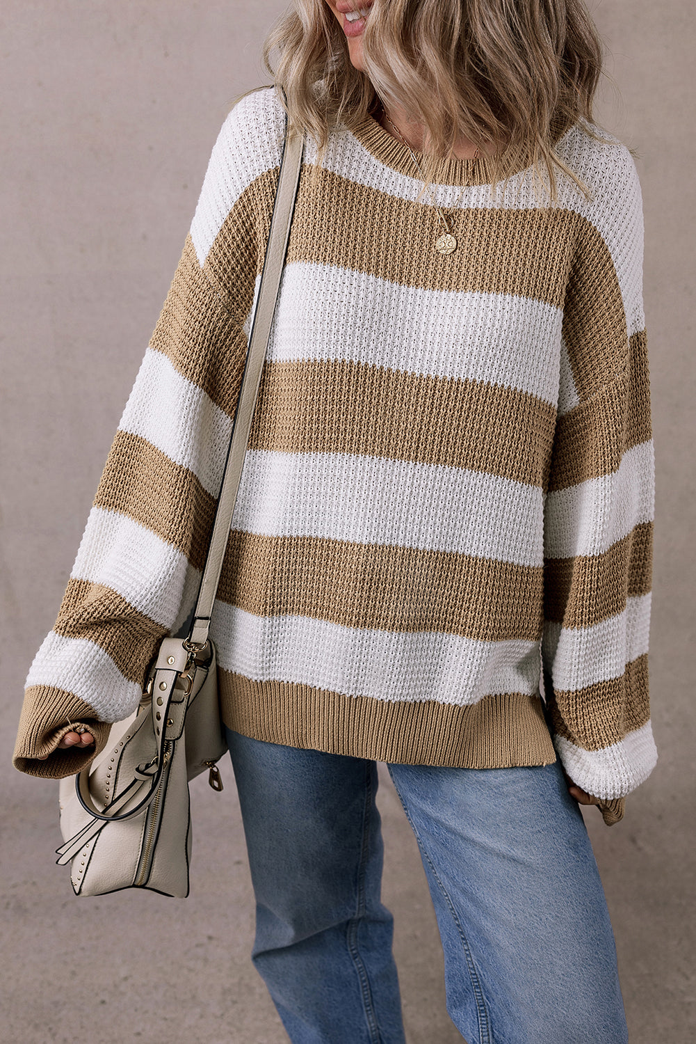 Light French Beige Striped Drop Shoulder Side Slit Sweater