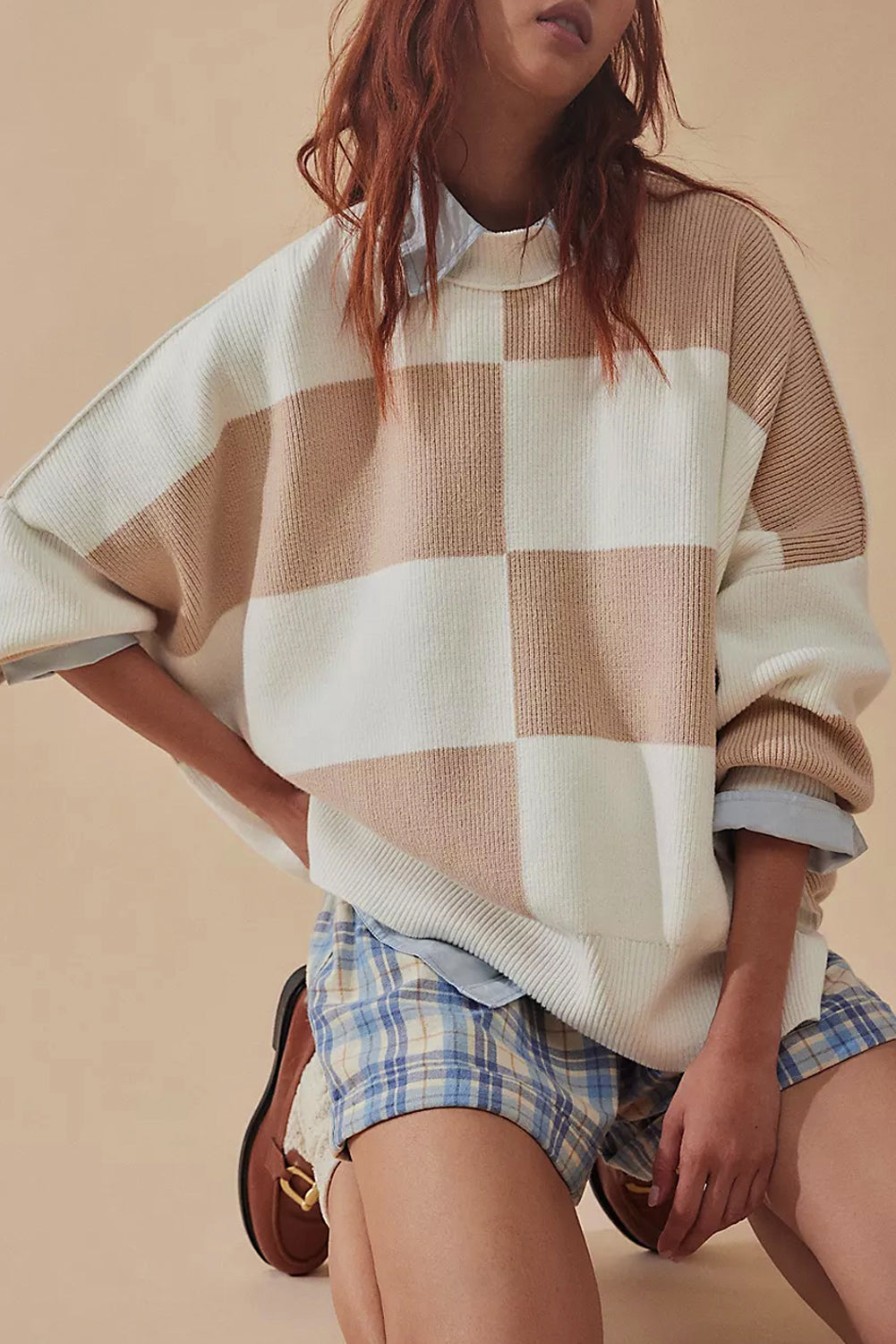 Khaki Checkered Side Slits Drop Shoulder Oversized Sweater