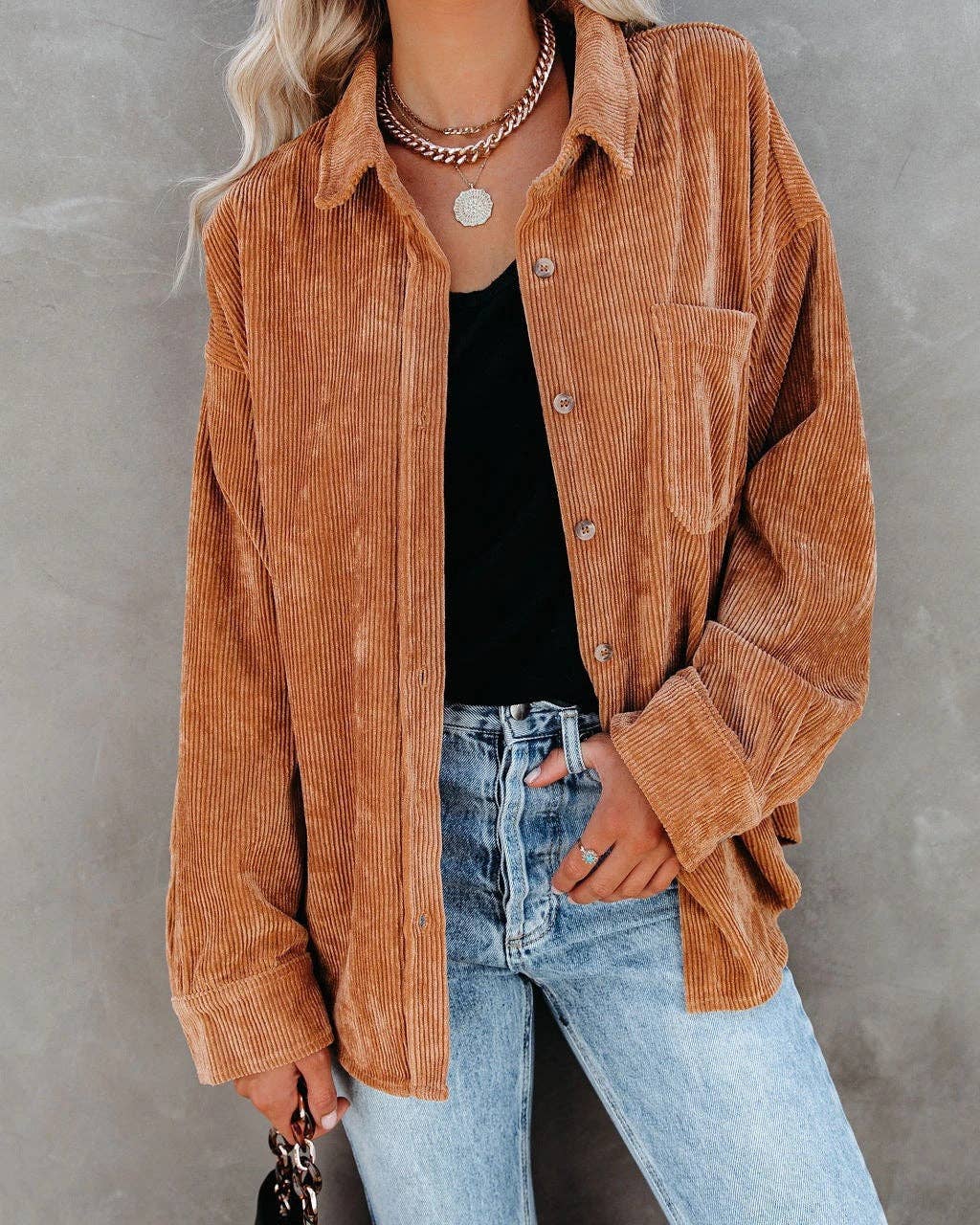 Oversized Corduroy Button-Up Shirt with Chest Pocket