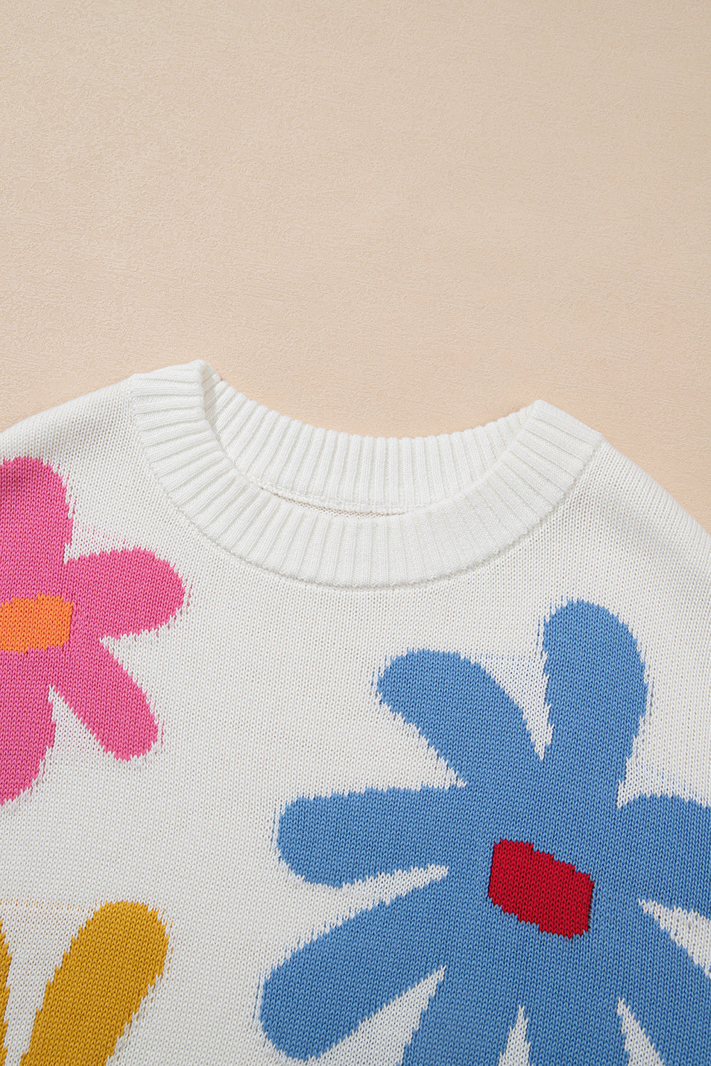 White Colorful Flower Pattern Crewneck Knitted Sweater