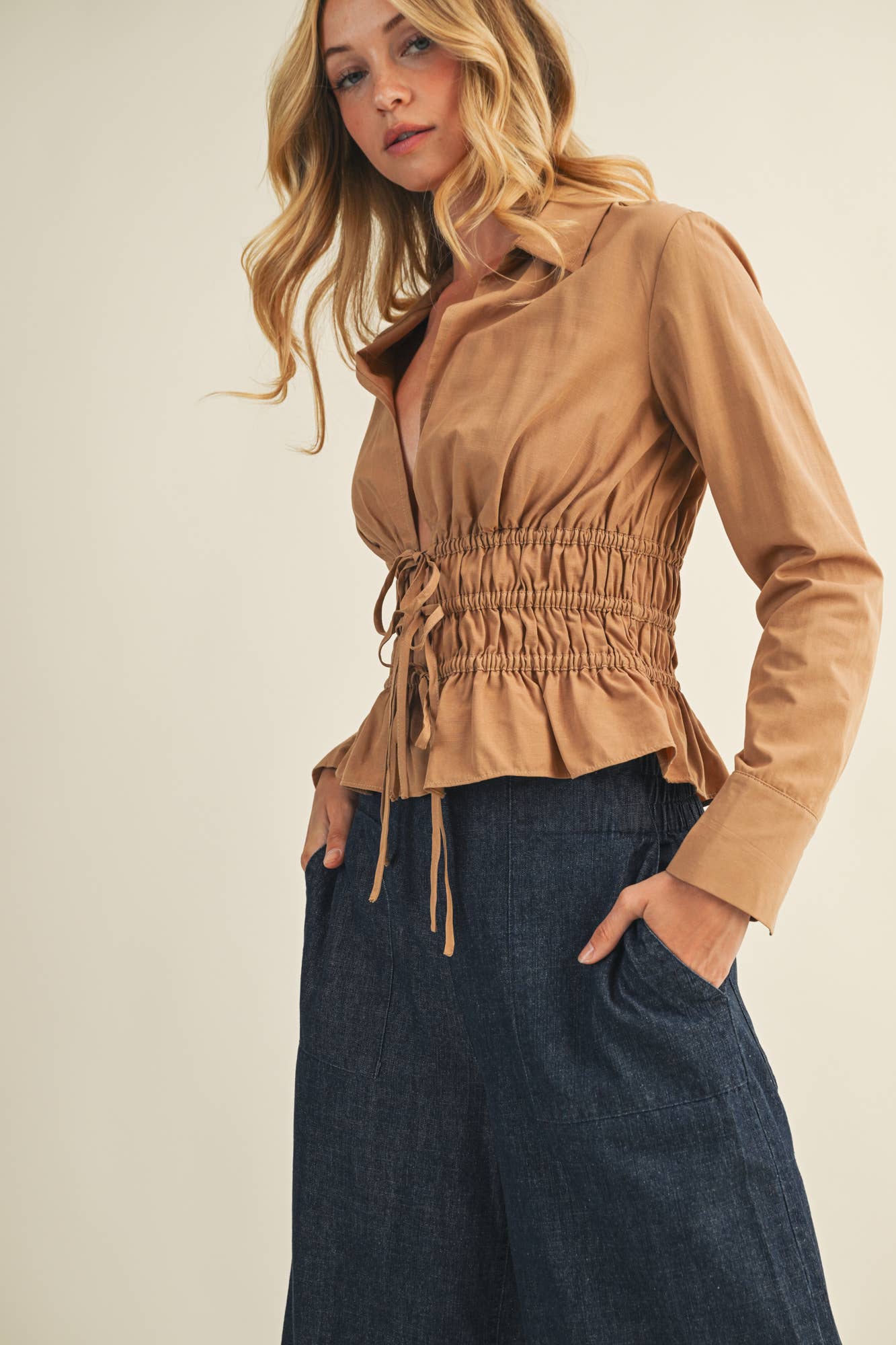 ELASTIC WAIST TIE CLOSURE SHIRT TOP