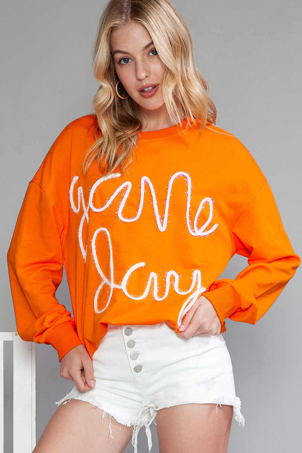 Orange Game Day Contrast Trim Long Sleeve Top