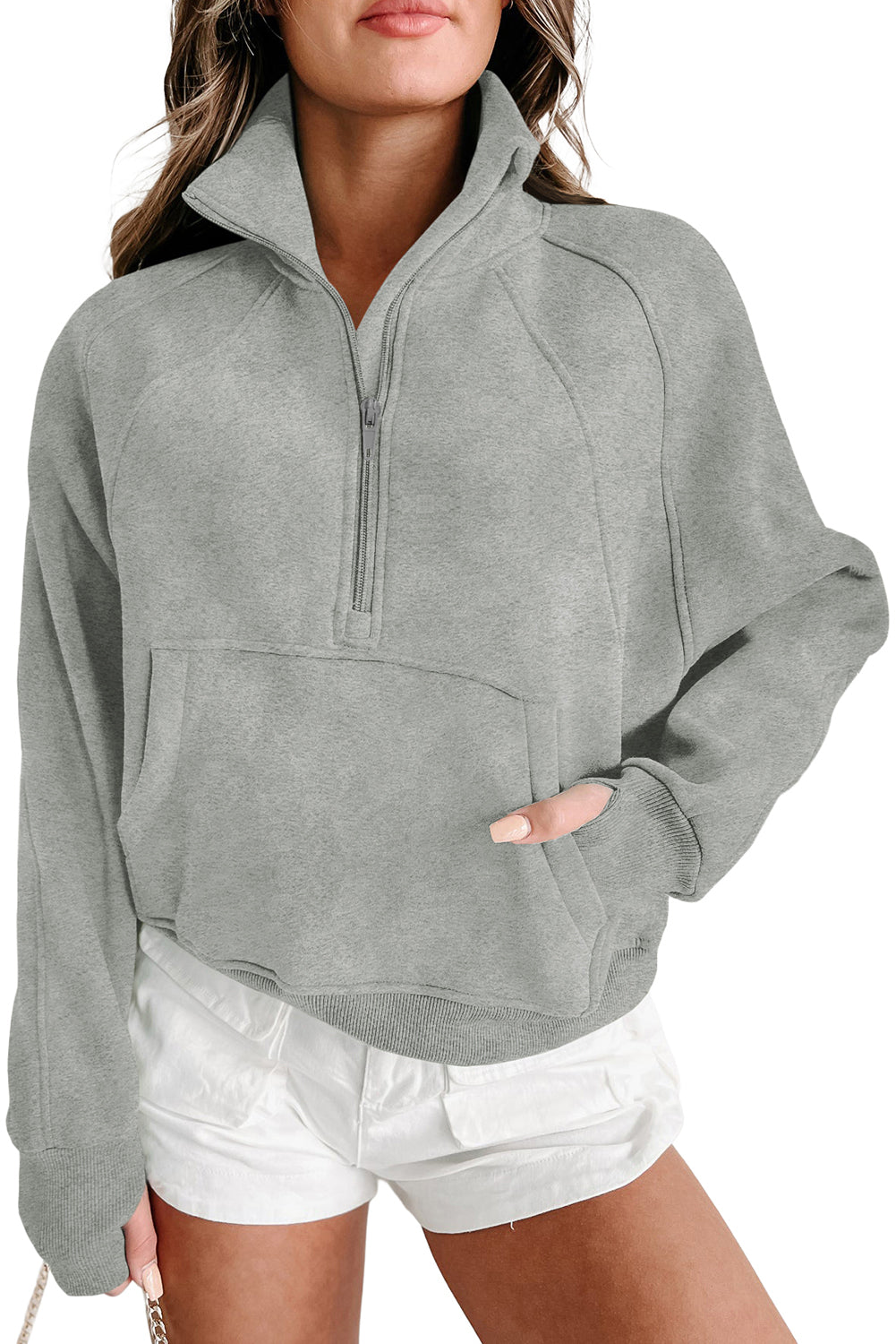 Parchment Quarter Zip Stand Neck Kangaroo Pocket Sweatshirt