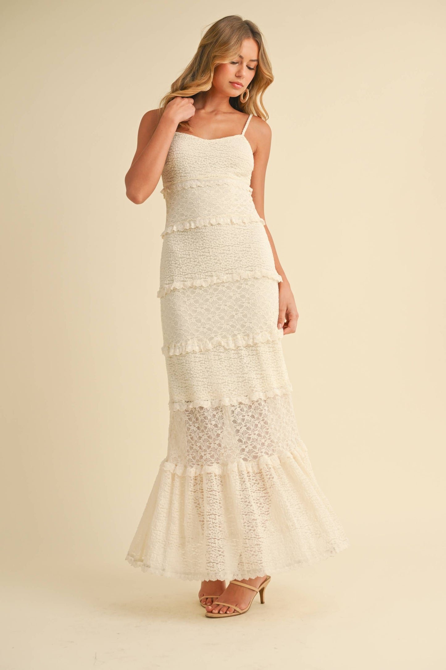 ID8566  TIERED RUFFLED LACE MAXI DRESS WITH PARTIAL LINING