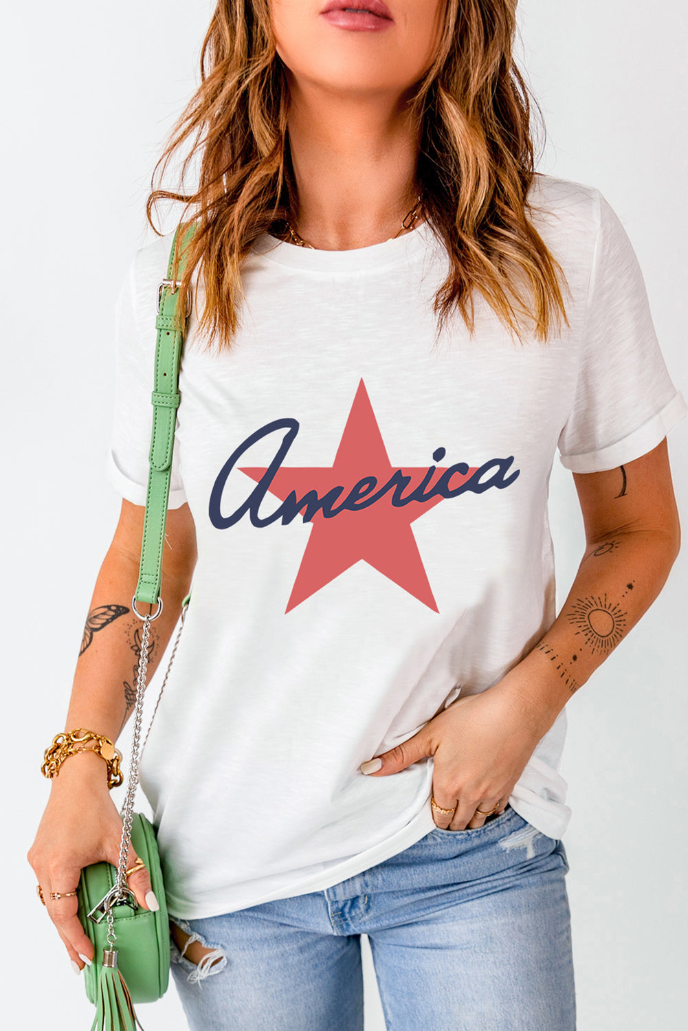 White America Star Shape Graphic O Neck Loose Fit T Shirt