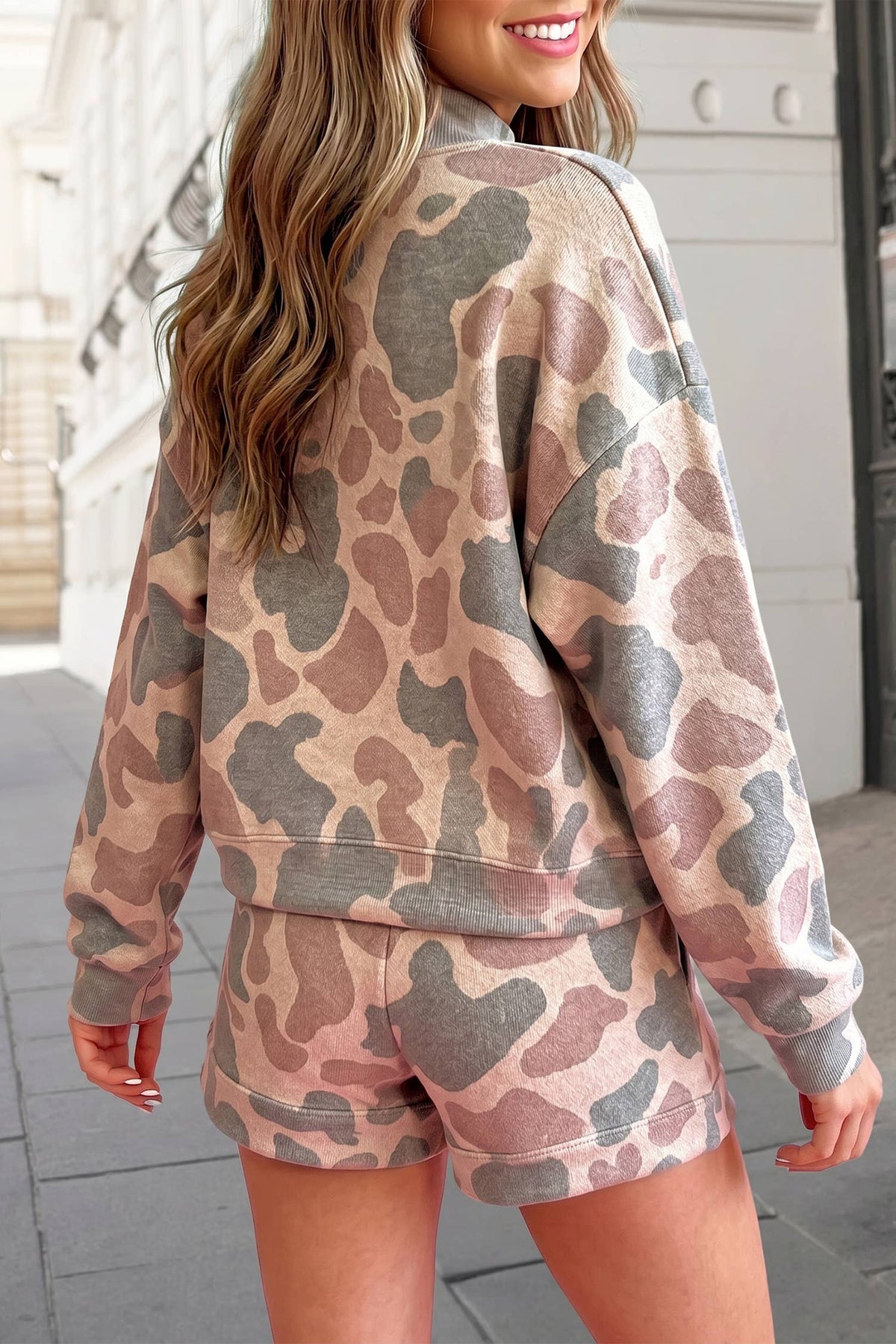 Camouflage Print Mock Neck Loose Shorts Set | S-XL