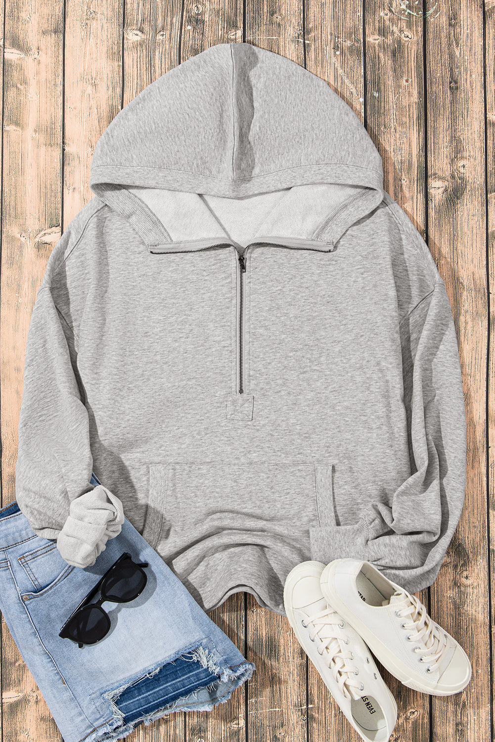 Parchment Kangaroo Pocket Half Zipper Oversized Hoodie