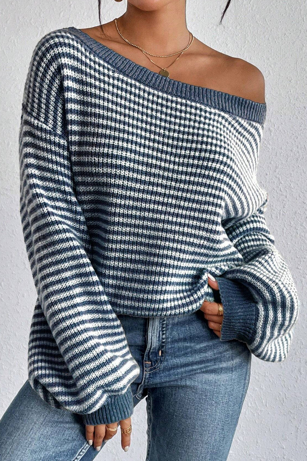 Sail Blue Striped Drop Shoulder Lantern Sleeve Sweater