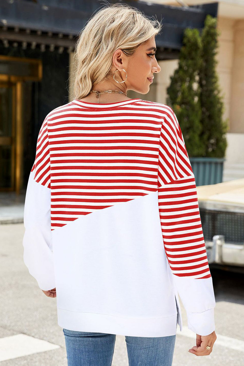 Fiery Red Crew Neck Stripe Long Sleeve Pullover Top