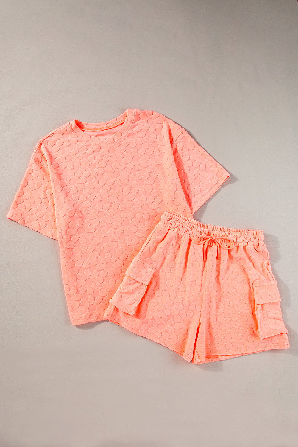 Grapefruit Orange Floral Textured Short Sleeve Top and Shorts Set