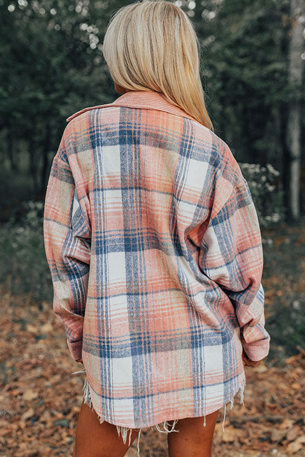 Light Pink Plaid Corduroy Patchwork Pocket Loose Shacket