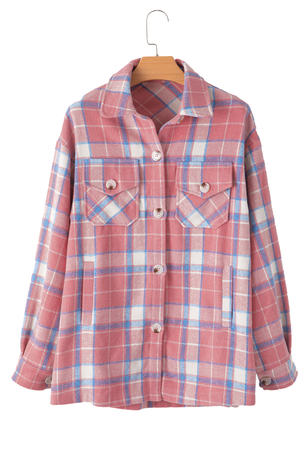 Pink Plaid Flap Pocket Button Up Shacket