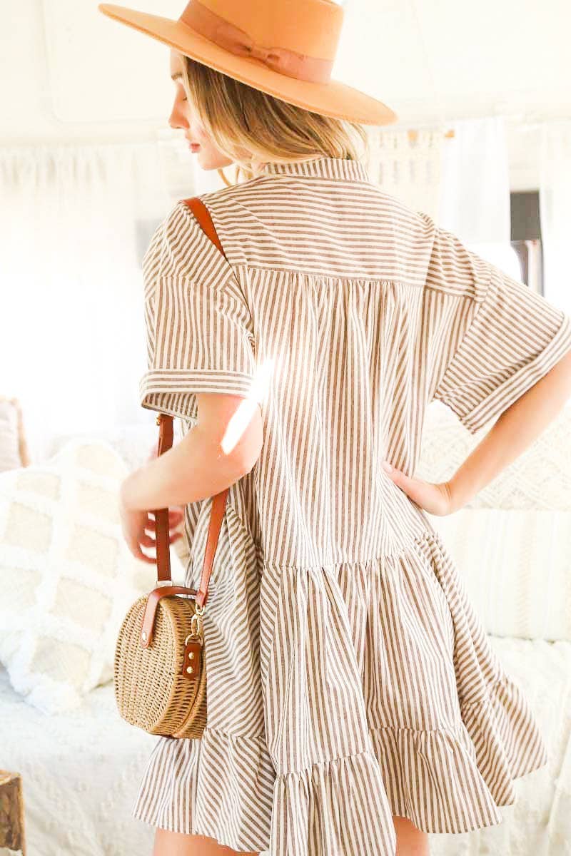 V-Neck Striped 100% Cotton Tiered Woven Dress