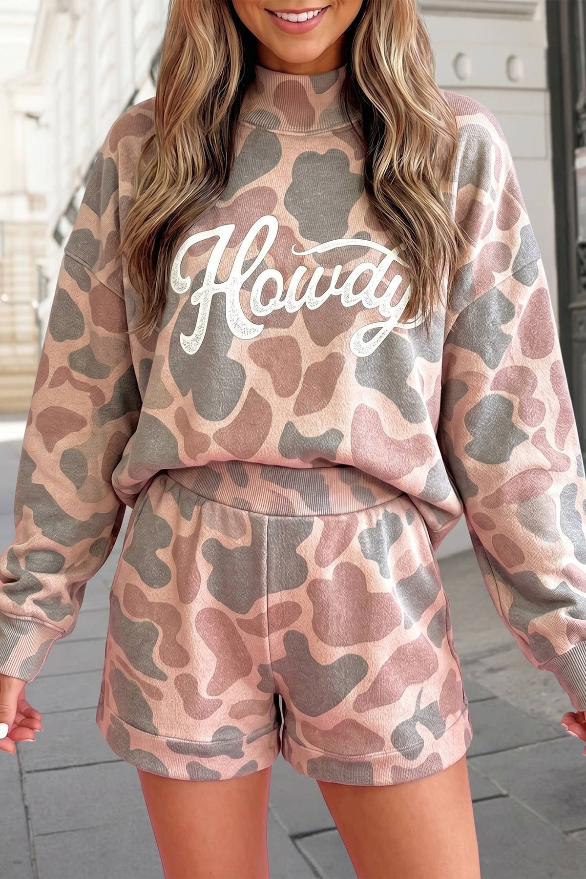 Camouflage Print Mock Neck Loose Shorts Set | S-XL