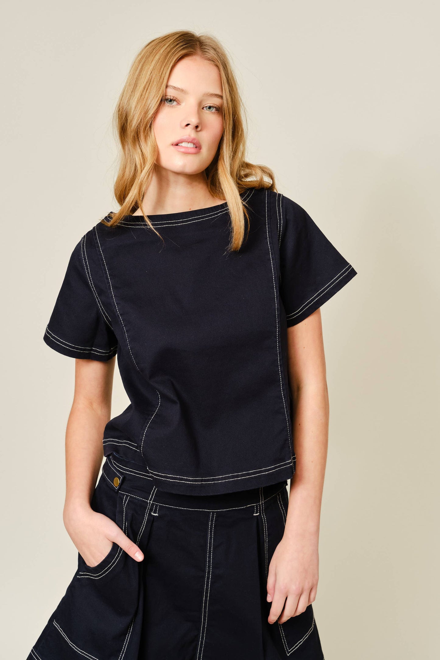 SUPER STRETCH A LINE BOAT NECK COTTON TOP