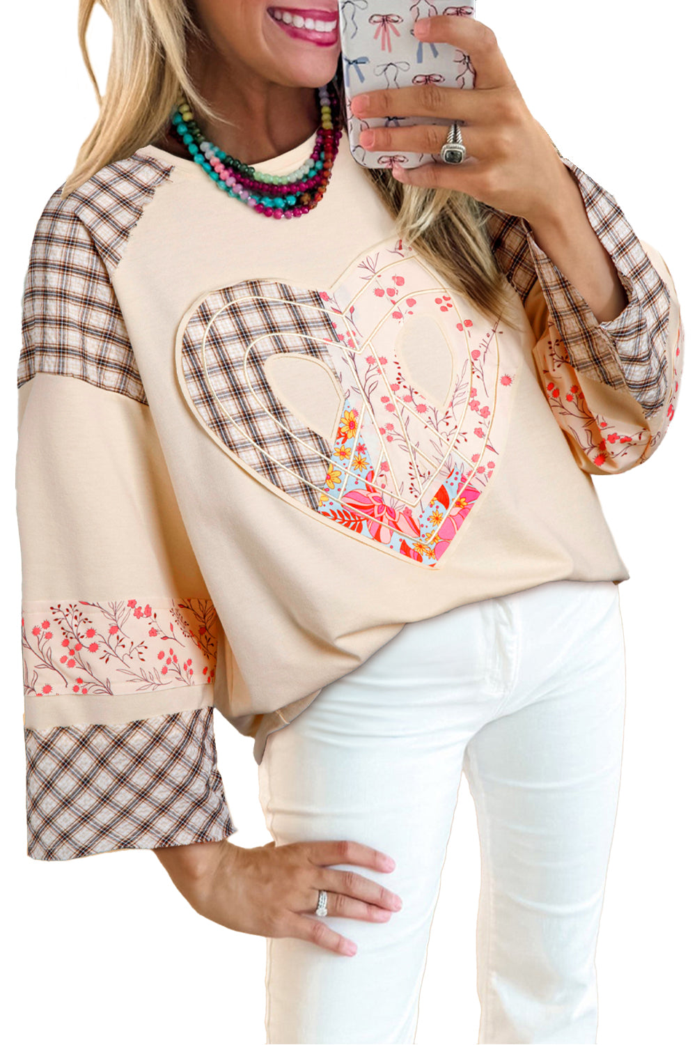 Beige Plaid Floral Patchwork Heart Long Sleeve Top