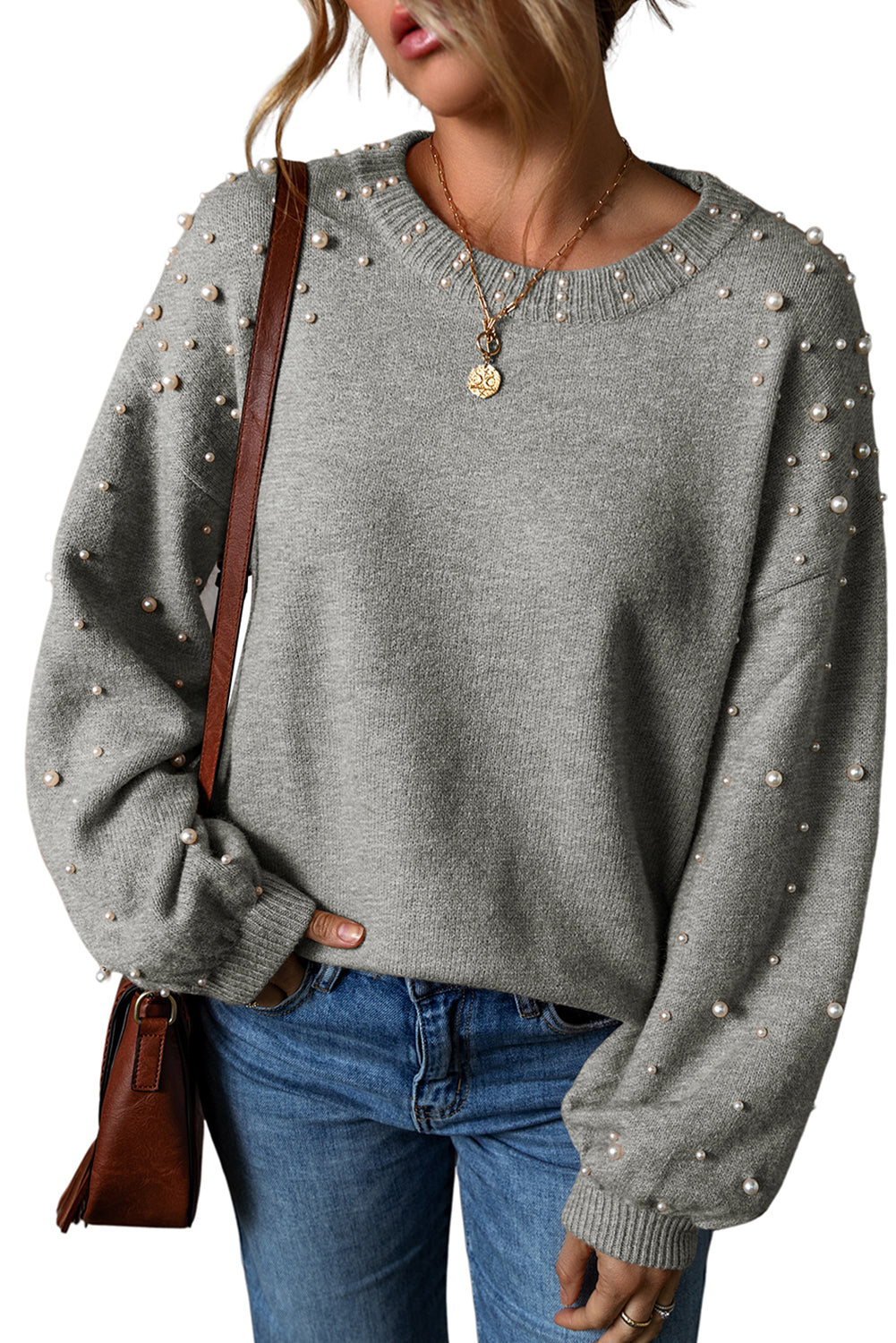 Black Pearl Drop Shoulder Round Neck Sweater