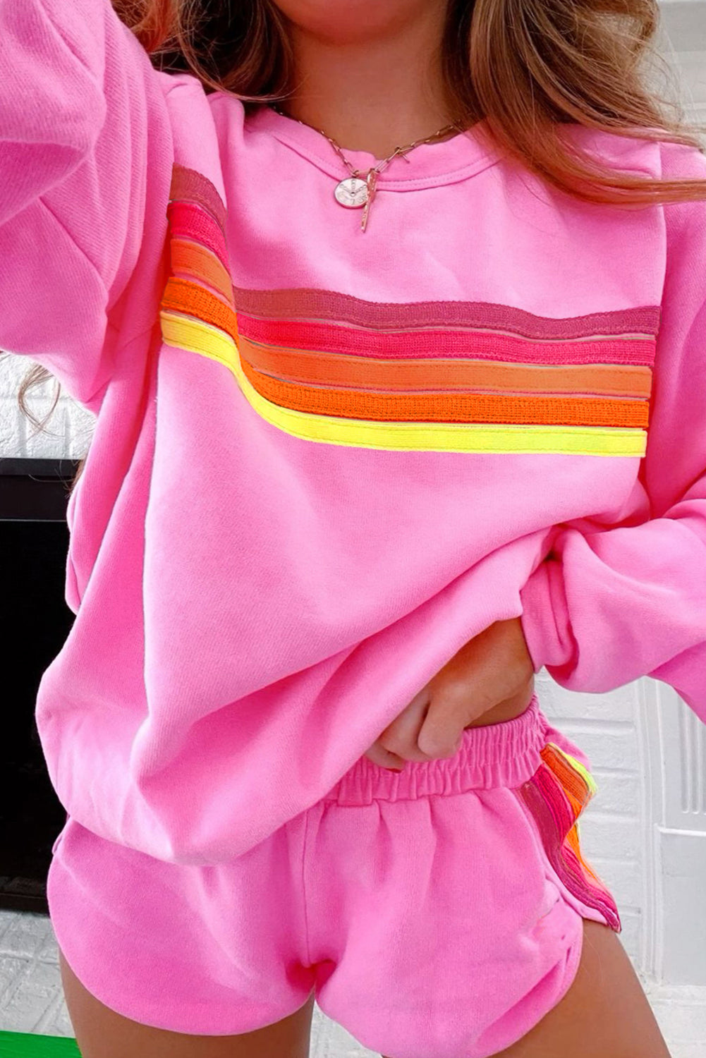 Apricot Colorful Striped Long Sleeve Pullover and Shorts Set