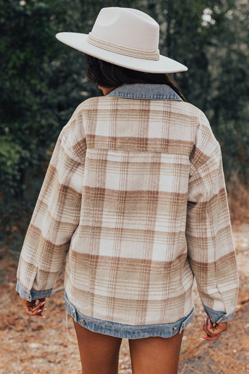 Light Beige Plaid Patchwork Flap Pocket Button Up Shacket