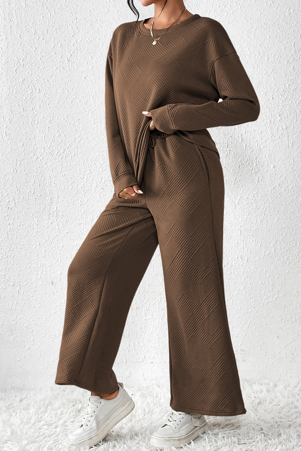 Dark Khaki Textured Loose Slouchy Long Sleeve Top and Pants Set