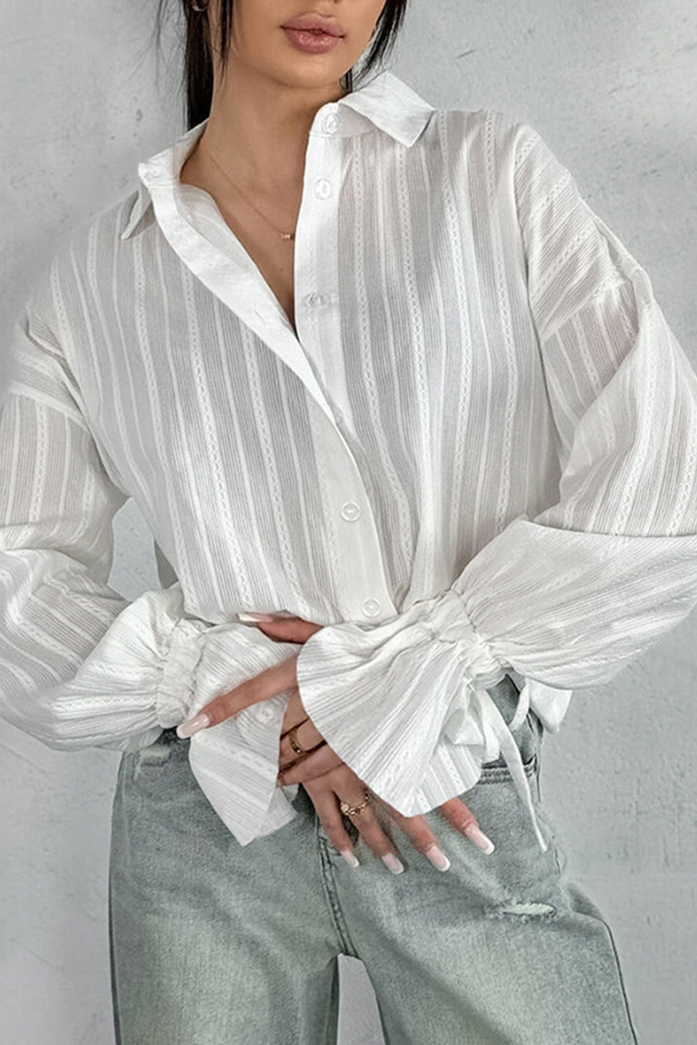 White Stripe Loose Flared Sleeve Shirt