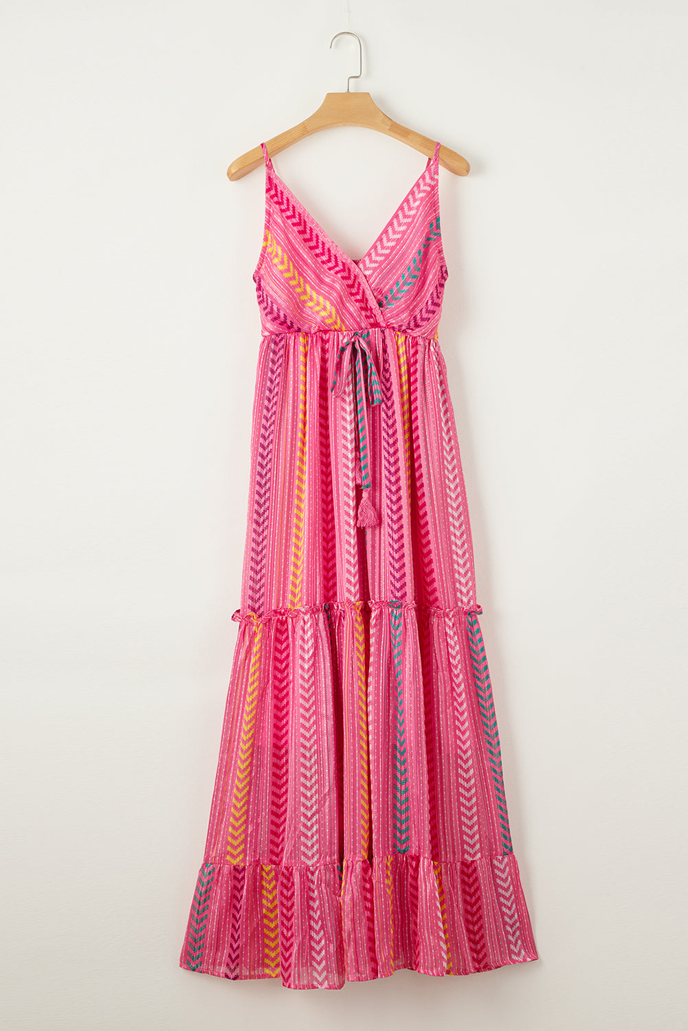 Wholesale Pink Boho Tassel Tie V Neck Wrapped Maxi Dress