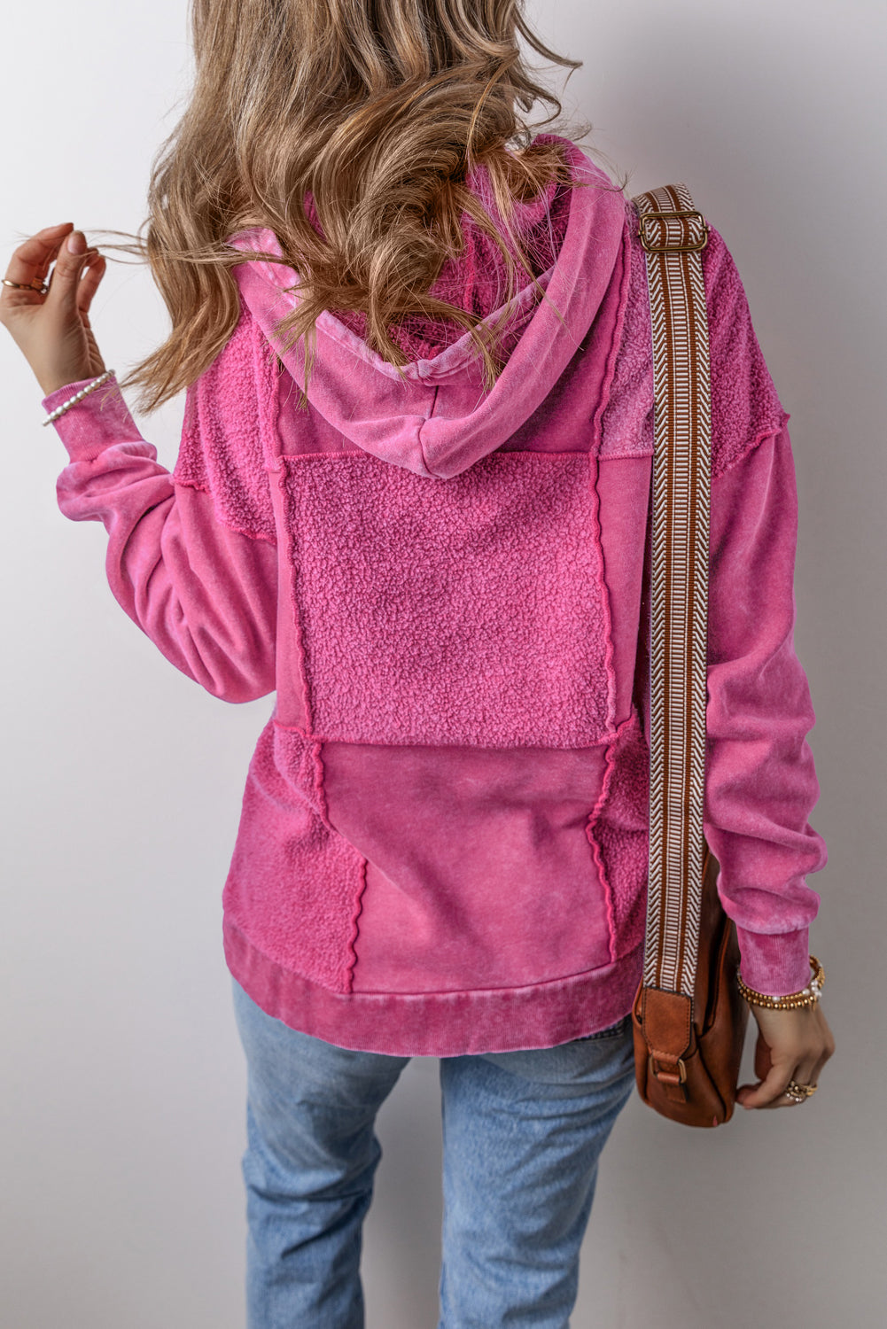 Pitaya Pink Mineral Wash Terry Patchwork Drawstring Hoodie