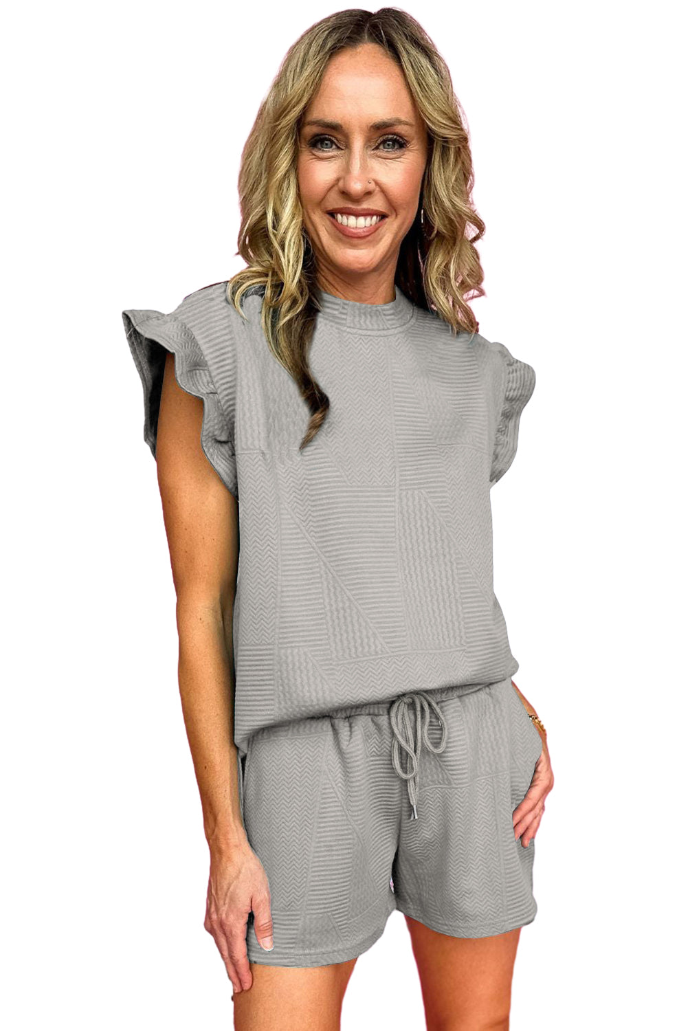 Gray Textured Ruffle Split Top and Drawstring Shorts Set