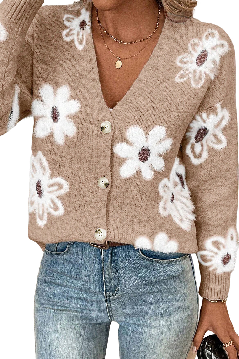 Smoke Gray Floral Print V Neck Knitted Button Up Cardigan