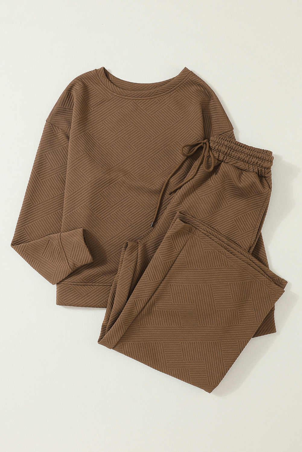 Dark Khaki Textured Loose Slouchy Long Sleeve Top and Pants Set