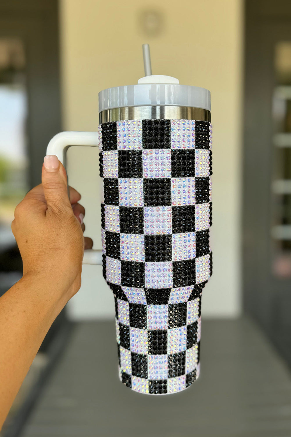 Black 40oz Rhinestone Checkered Handled Tumbler