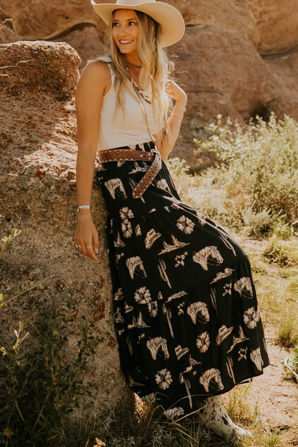 Black Elastic Waist Tiered Maxi Skirt