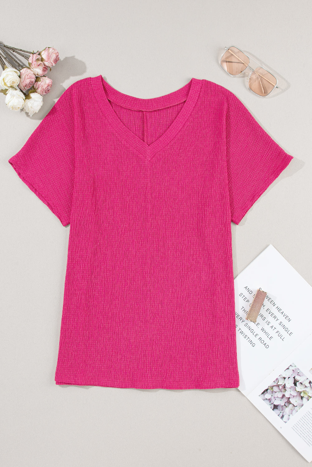 Bright Pink Basic Plain Textured V Neck Blouse