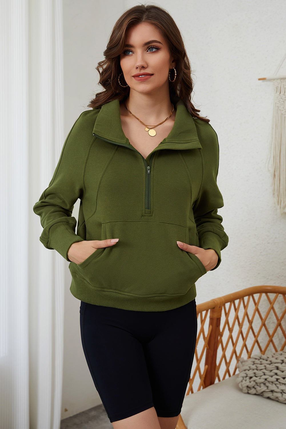 Parchment Quarter Zip Stand Neck Kangaroo Pocket Sweatshirt