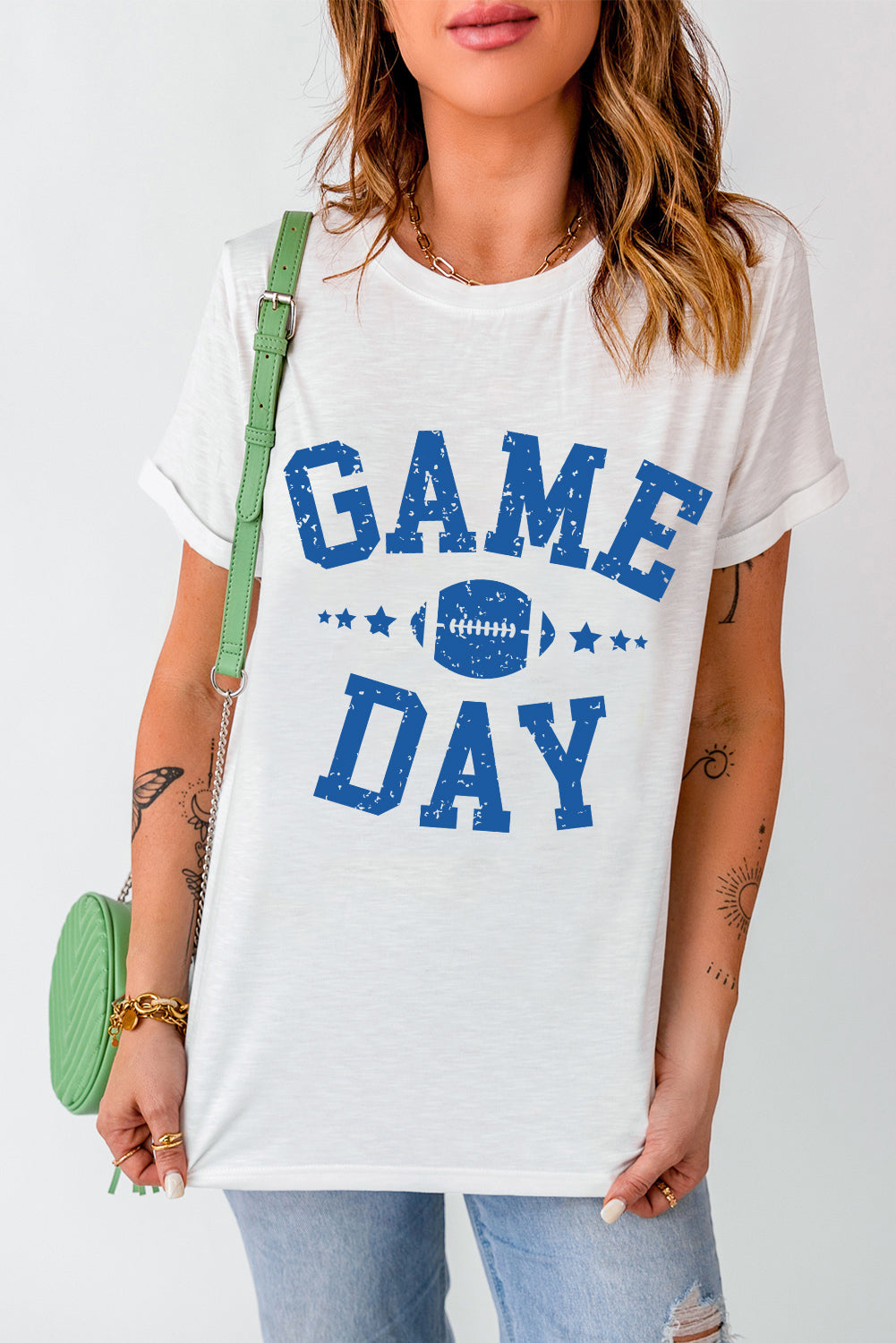 White GAME DAY Rugby Football Graphic Crewneck T Shirt