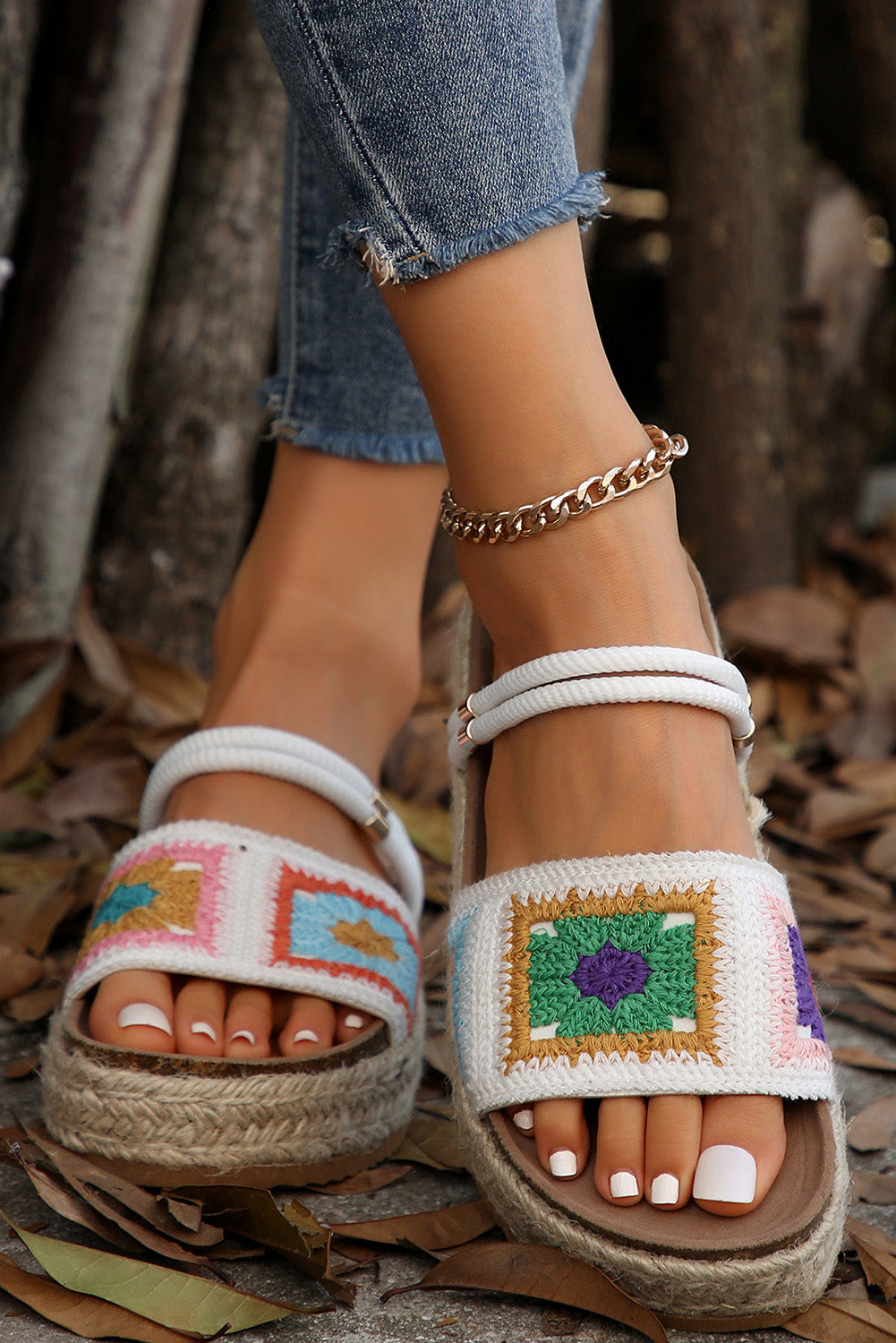 White Boho Floral Crochet Platform Slides Shoes